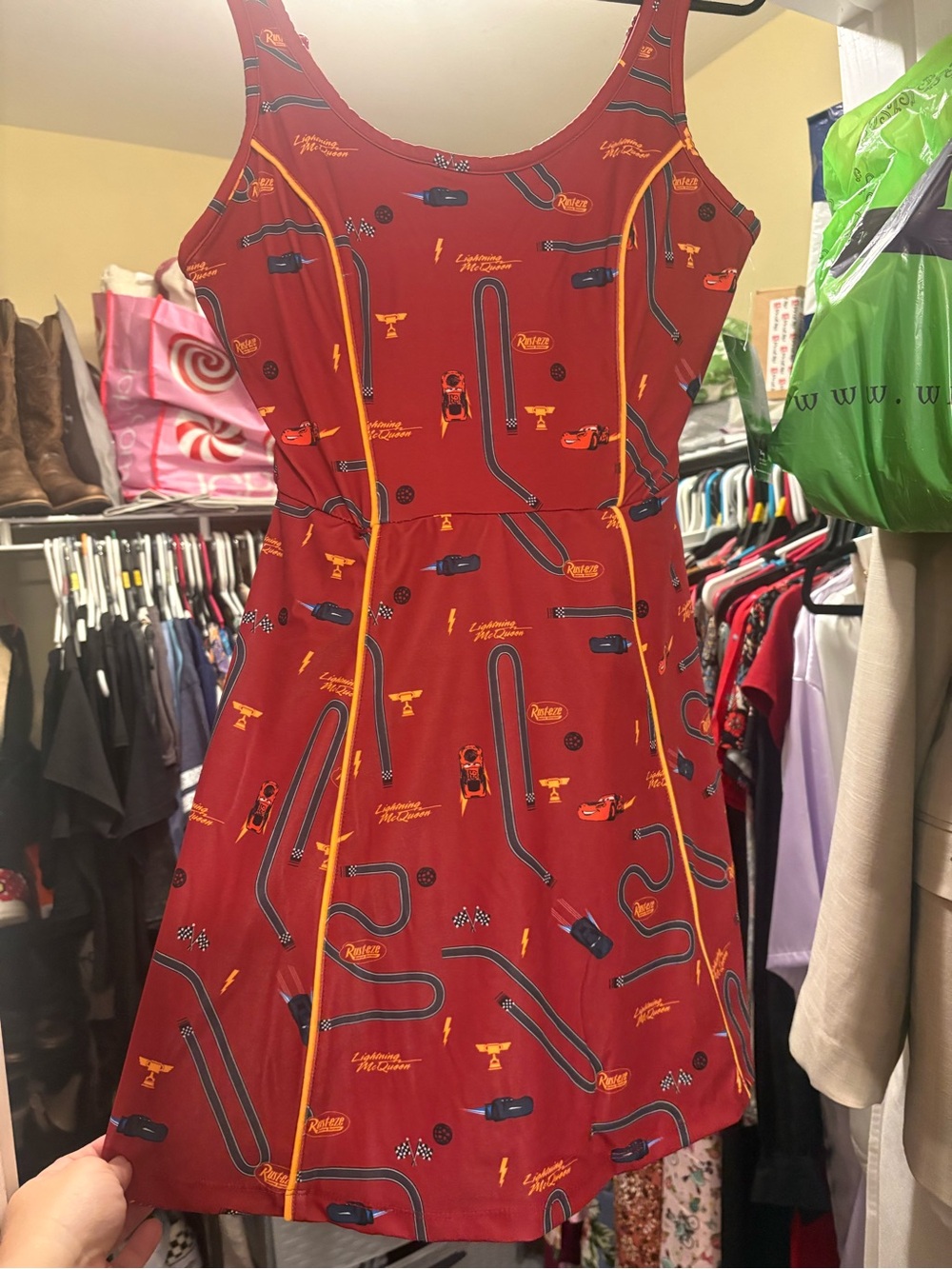 Red Sleeveless Fit-and-Flare Dress with Racing Print